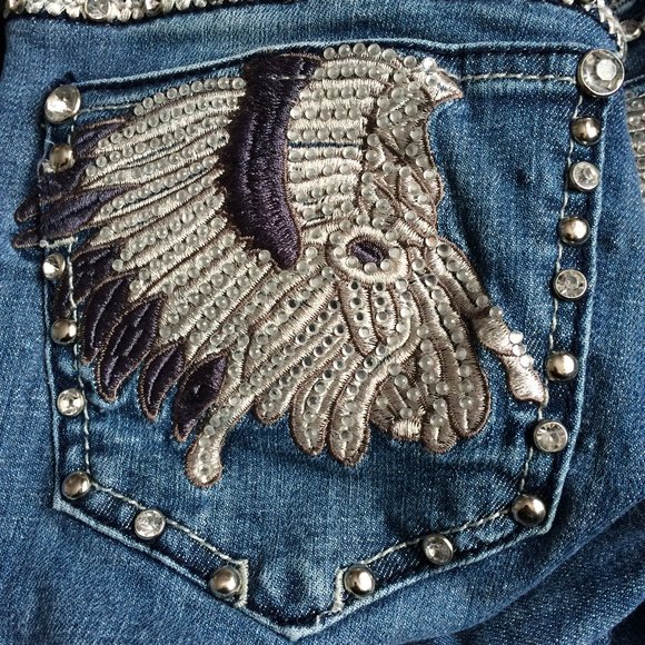 LA Idol USA Womens Jeans Boot Cut Sz 9 Feather Headdress Rhinestones Embellished - Picture 5 of 12